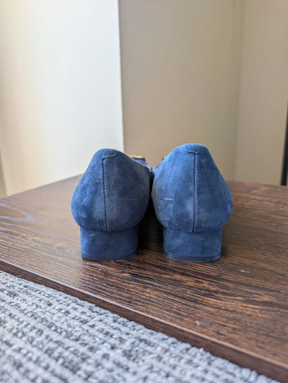 Tory Burch Gigi Blue Suede Gold Logo Slip-on Flats Shoes